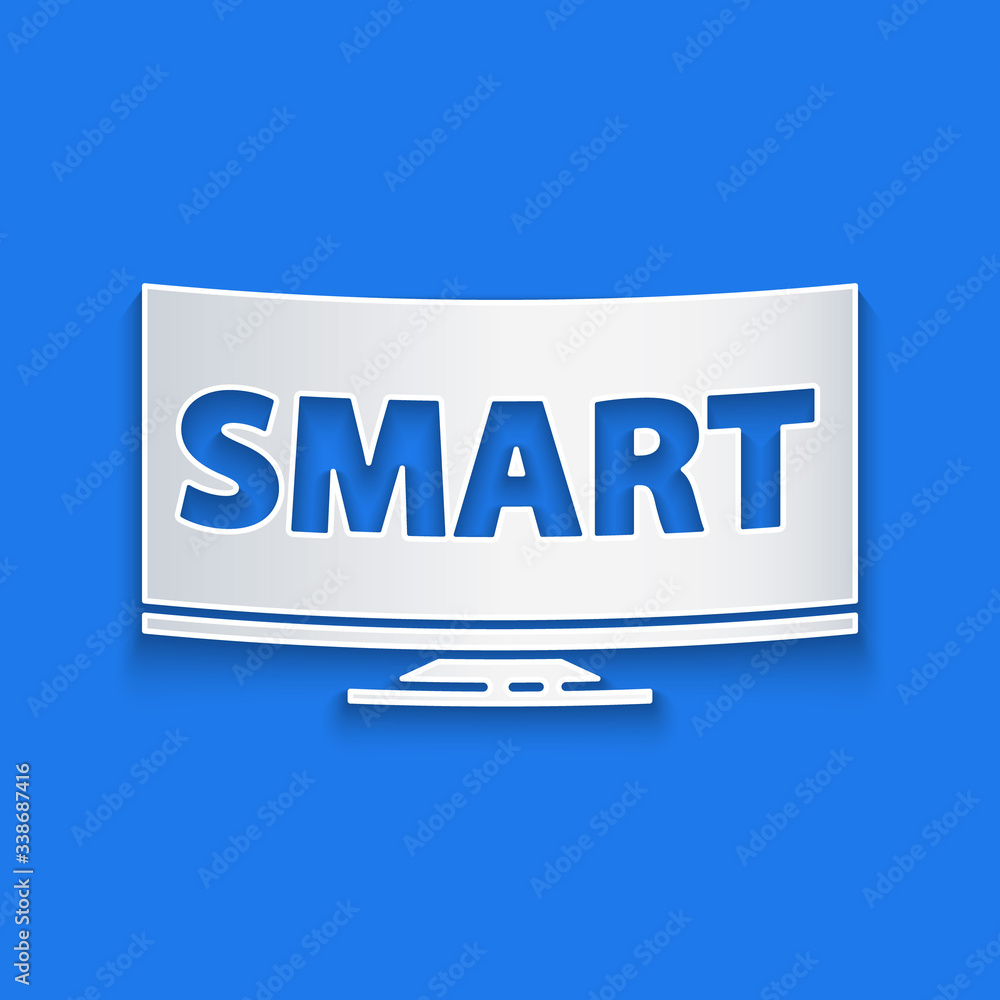 Paper cut Screen tv with Smart video technology icon isolated on blue background. Paper art style. V