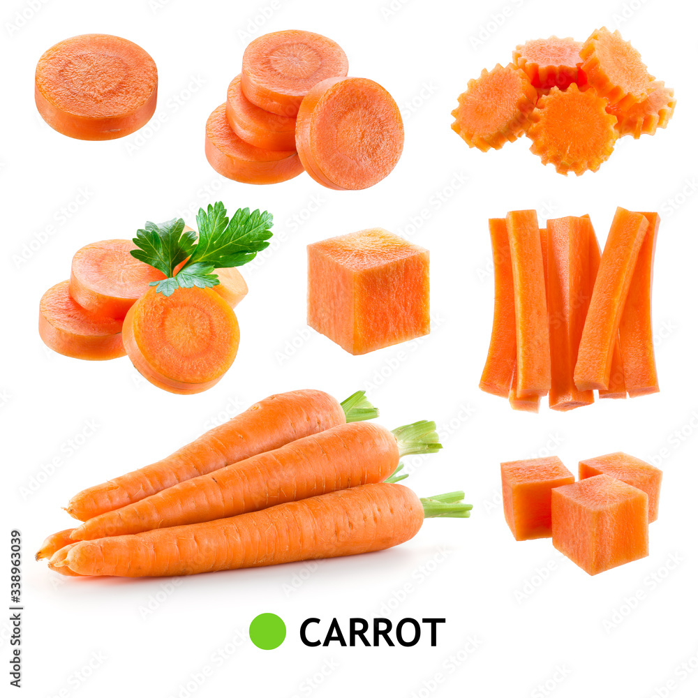 胡萝卜片。胡萝卜分离物。白底胡萝卜。胡萝卜片，方块。