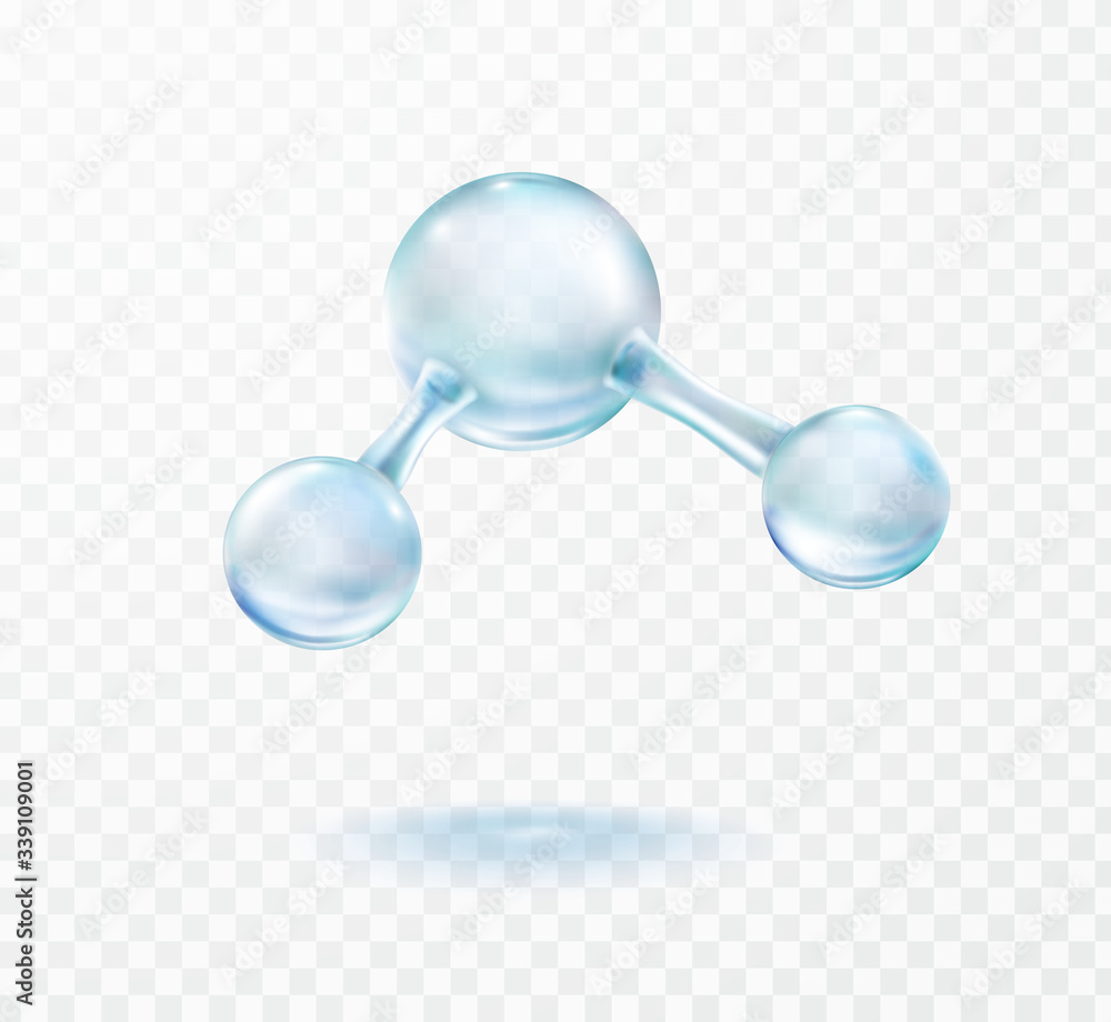 Molecule model isolated on transparent background. Blue molecular formula of water or glossy science