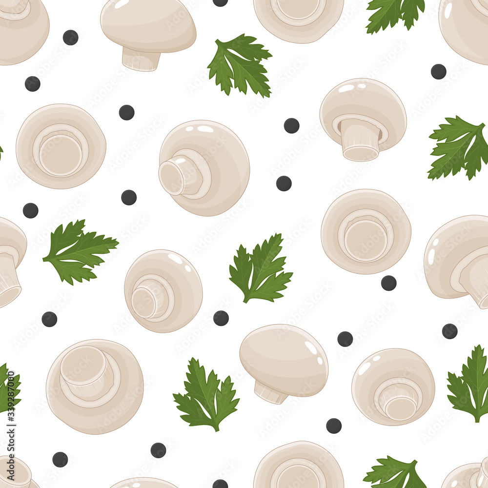新鲜蘑菇制成的无缝图案。食品插图。白色背景。包装对象