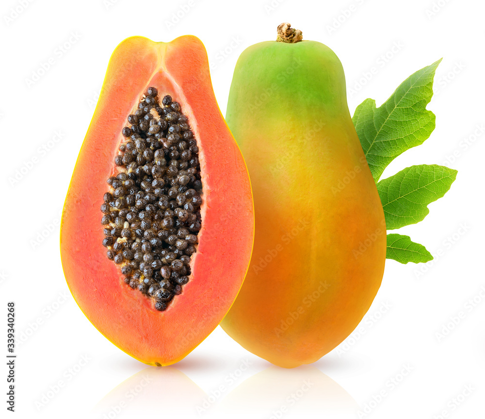 Isolated papaya fruit. Halves of papaya fruit standing vertically isolated on white background