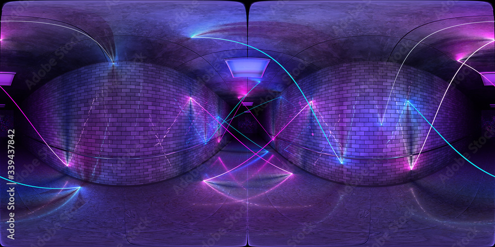 未来主义的HDRI地下室内，明亮的蓝色和粉色霓虹灯管反射在墙上