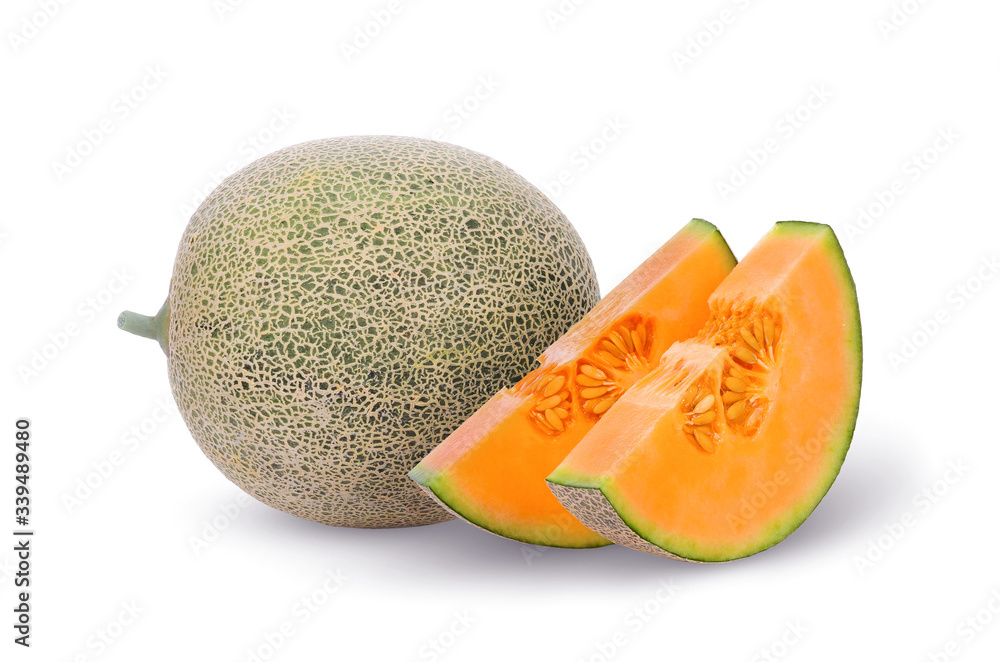 Cantaloupe, Melon fruits isolated on white background.