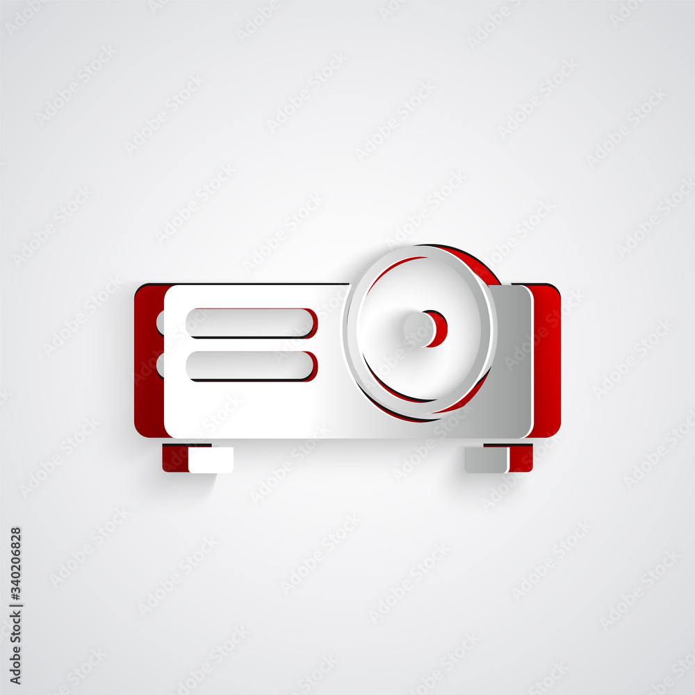 Paper cut Presentation, movie, film, media projector icon isolated on grey background. Paper art sty