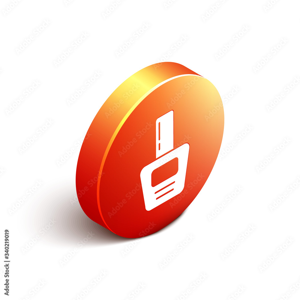 Isometric Nail polish bottle icon isolated on white background. Orange circle button. Vector Illustr