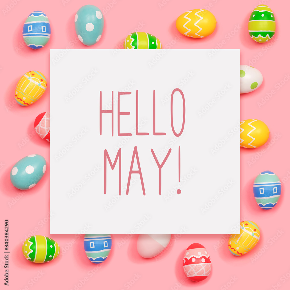 五月你好，粉色背景复活节彩蛋