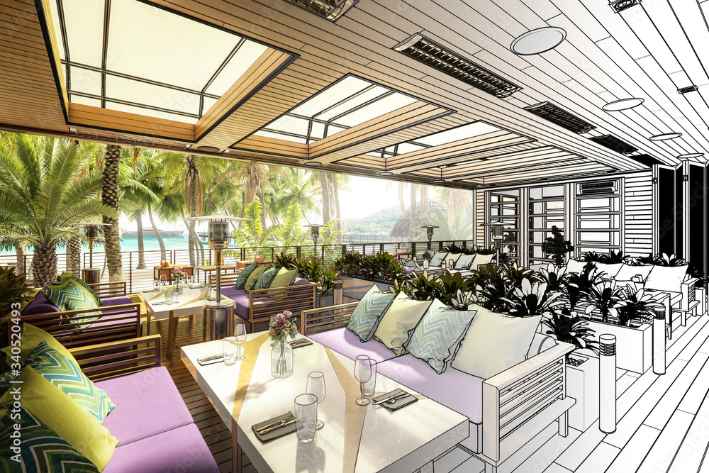 亚热带度假区内的露台餐厅区域（草案）-三维建筑可视化