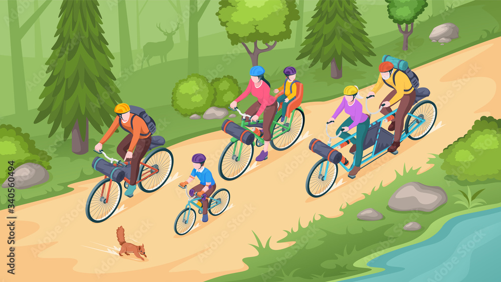 家庭自行车旅游、自行车旅行和自行车户外冒险，矢量等距插图。Fam