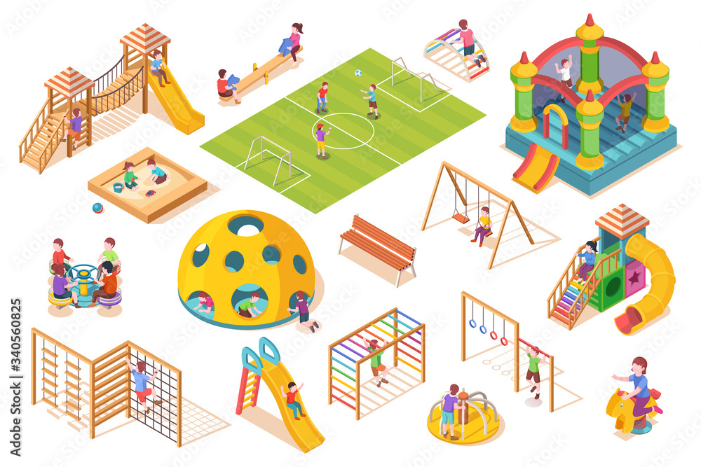 有玩耍的孩子或儿童游乐场的等距项目或设备。校园或游乐场