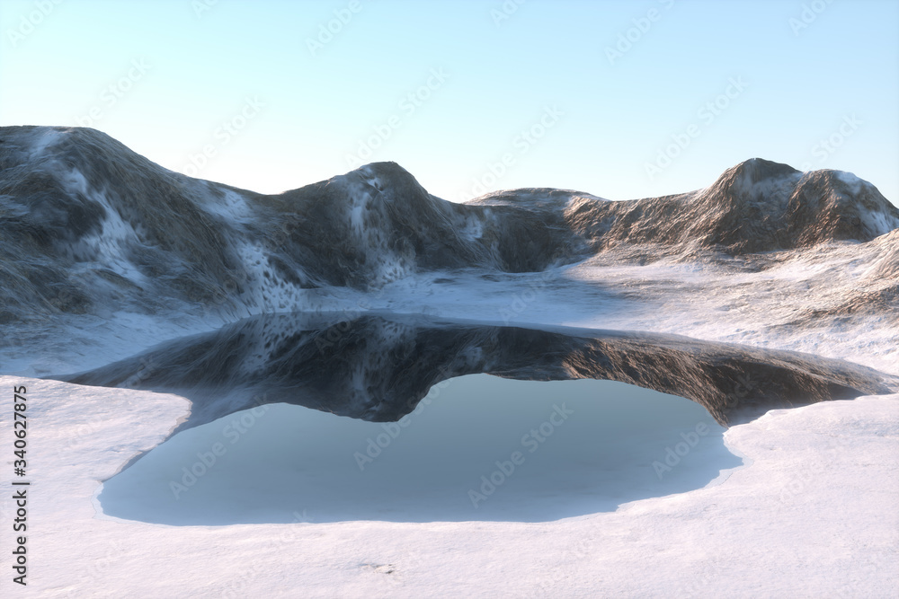 雪山和湖泊，自然背景，3d渲染。