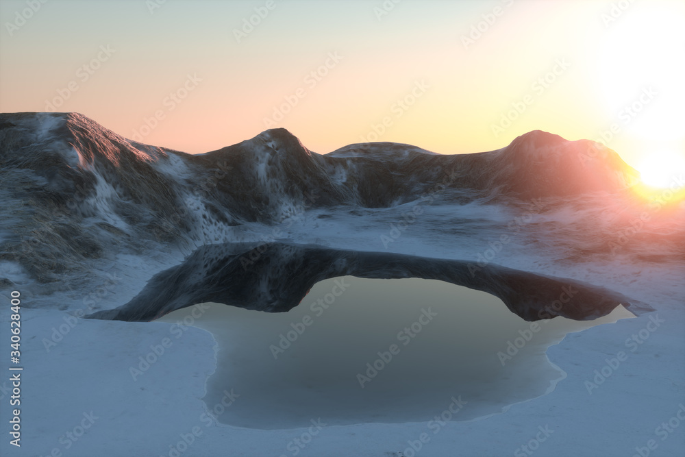 雪山和湖泊，自然背景，三维渲染。