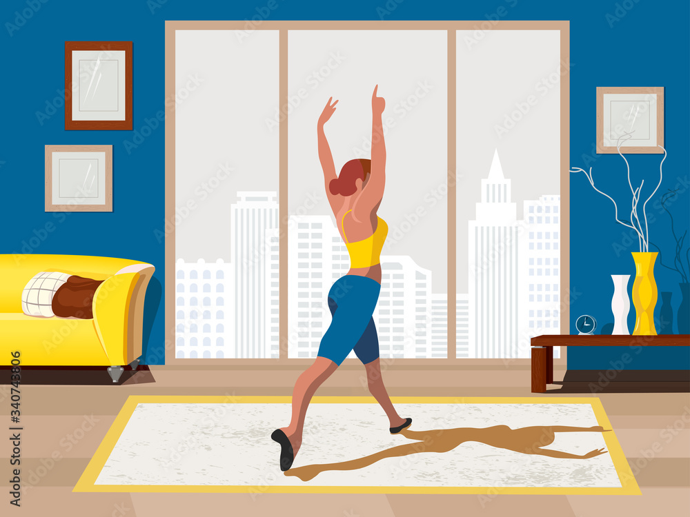 Girl training dancing stay at home vector
