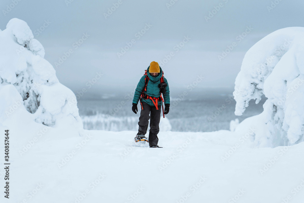 芬兰拉普兰，一名女子徒步穿越白雪覆盖的拉普兰