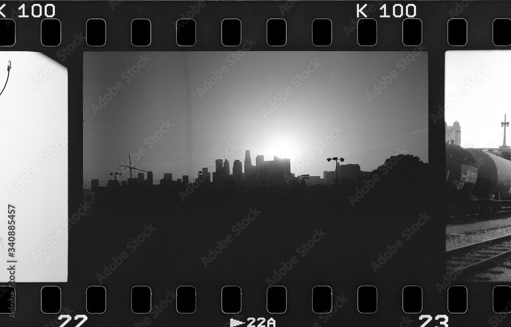 Skyline of Los Angeles in a film strip