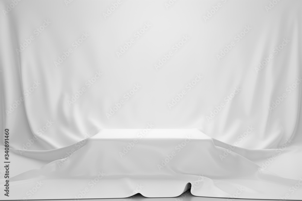 White luxurious fabric or cloth placed on top pedestal or blank podium shelf on vintage background w