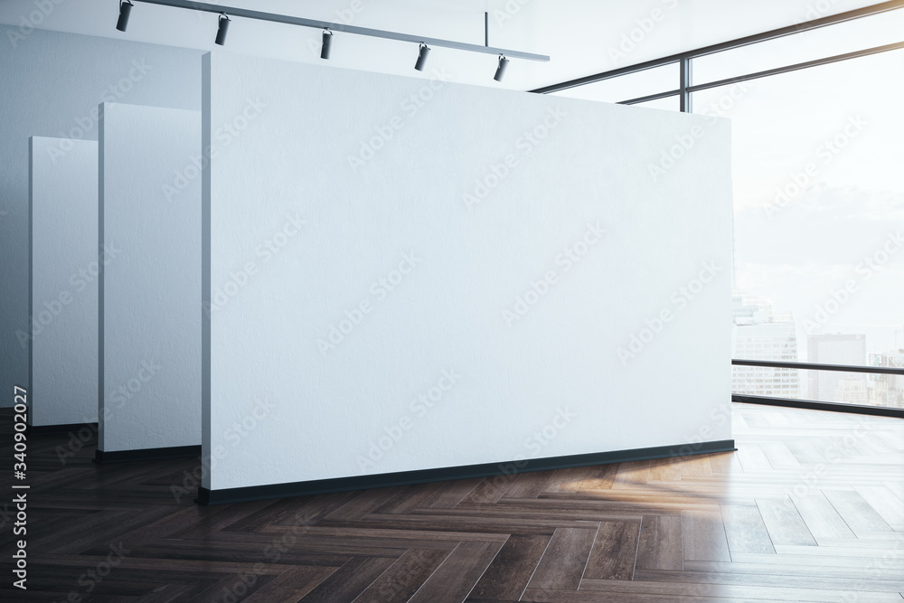 Minimalistic exhibition interior with copy space on wall