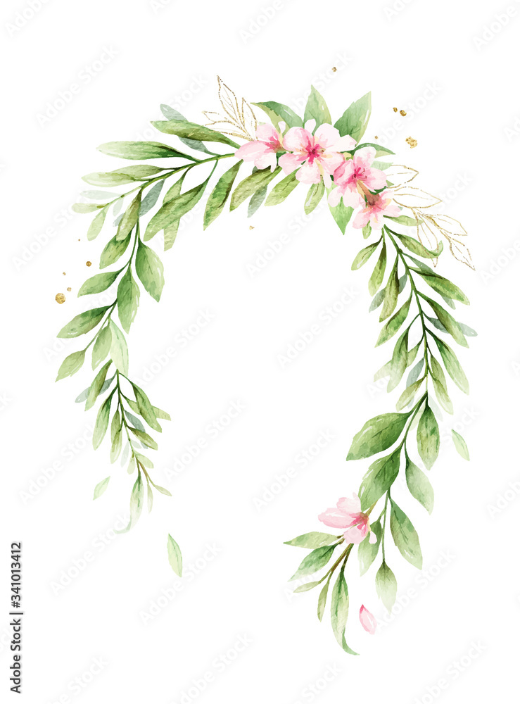 Watercolor vector wreath of pink flowers and green leaves.