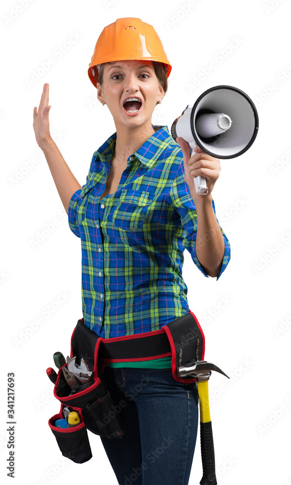 Expressive woman in helmet shouting into megaphone