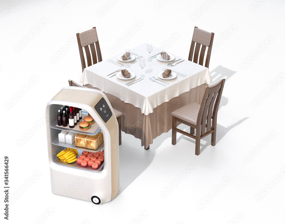 送餐机器人和餐桌被隔离在白色背景上。无接触的服务理念。3D人