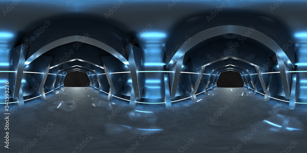 深蓝色未来主义内饰的高分辨率HDRI，看起来像宇宙飞船。360全景反射