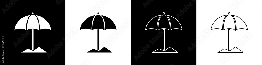为海滩图标设置遮阳伞，隔离在黑白背景上。为