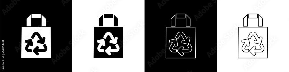 设置黑白背景上隔离回收图标的纸质购物袋。带回收功能的袋子