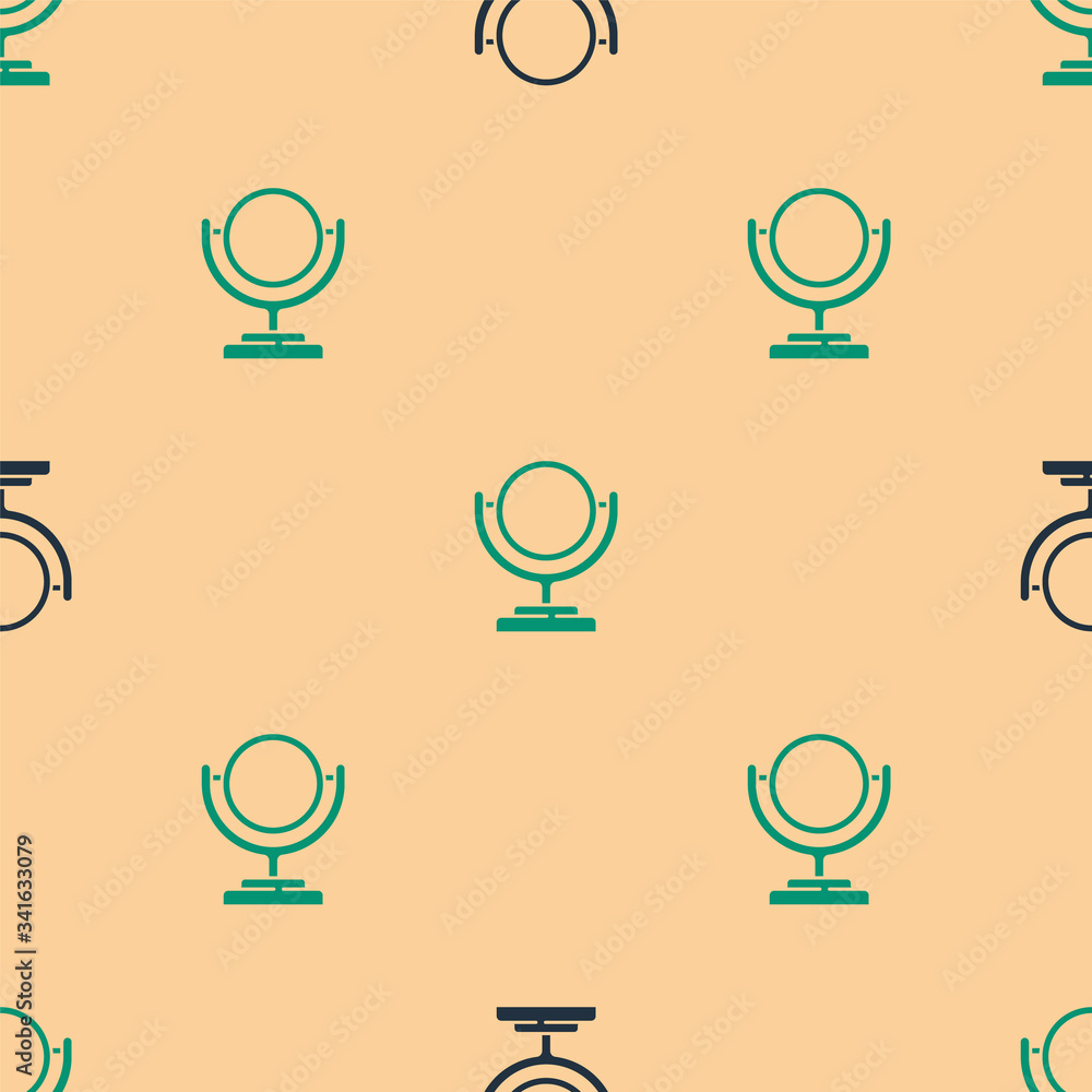Green and black Round makeup mirror icon isolated seamless pattern on beige background.  Vector Illu