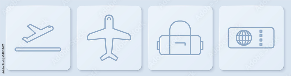 设置线路飞机起飞、手提箱、飞机和机票。白色方形按钮。矢量