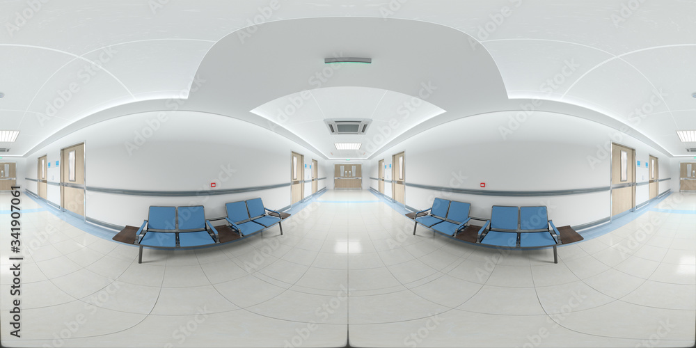 医院走廊的高分辨率HDRI全景图。360全景反射映射走廊