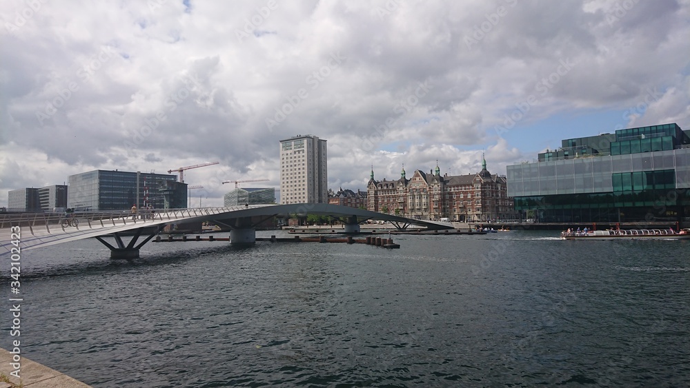 丹麦哥本哈根。带人行天桥的城市运河景观