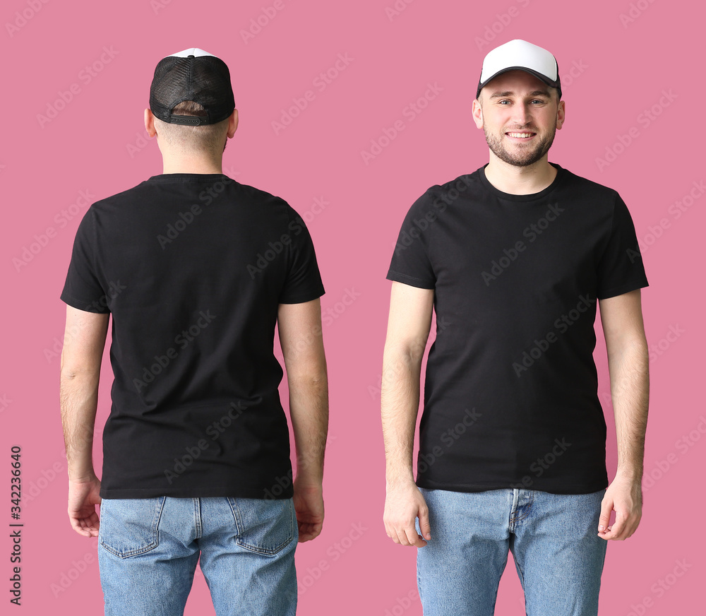 Handsome man in stylish cap on color background. Front and back view
