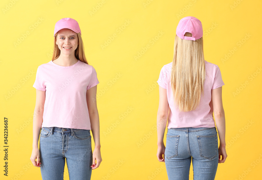 Beautiful young woman in stylish cap on color background. Front and back view