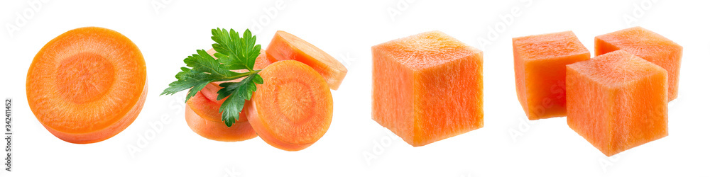 Carrot slice. Carrot isolate. Carrots on white background. Carrot slice, cubes.