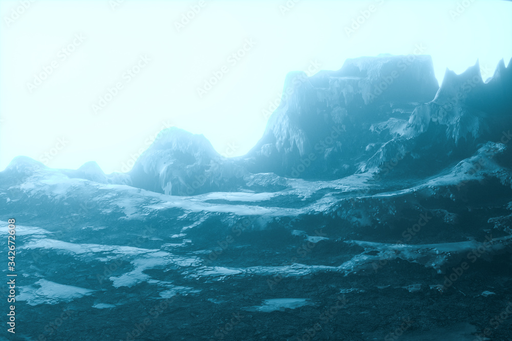 夜间被雪覆盖的山顶景观，3d渲染。