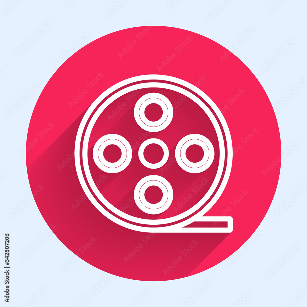 White line Film reel icon isolated with long shadow. Red circle button. Vector Illustration