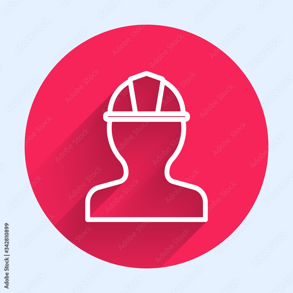 白色线条工人安全帽图标与长阴影隔离。红色圆圈按钮。矢量插图