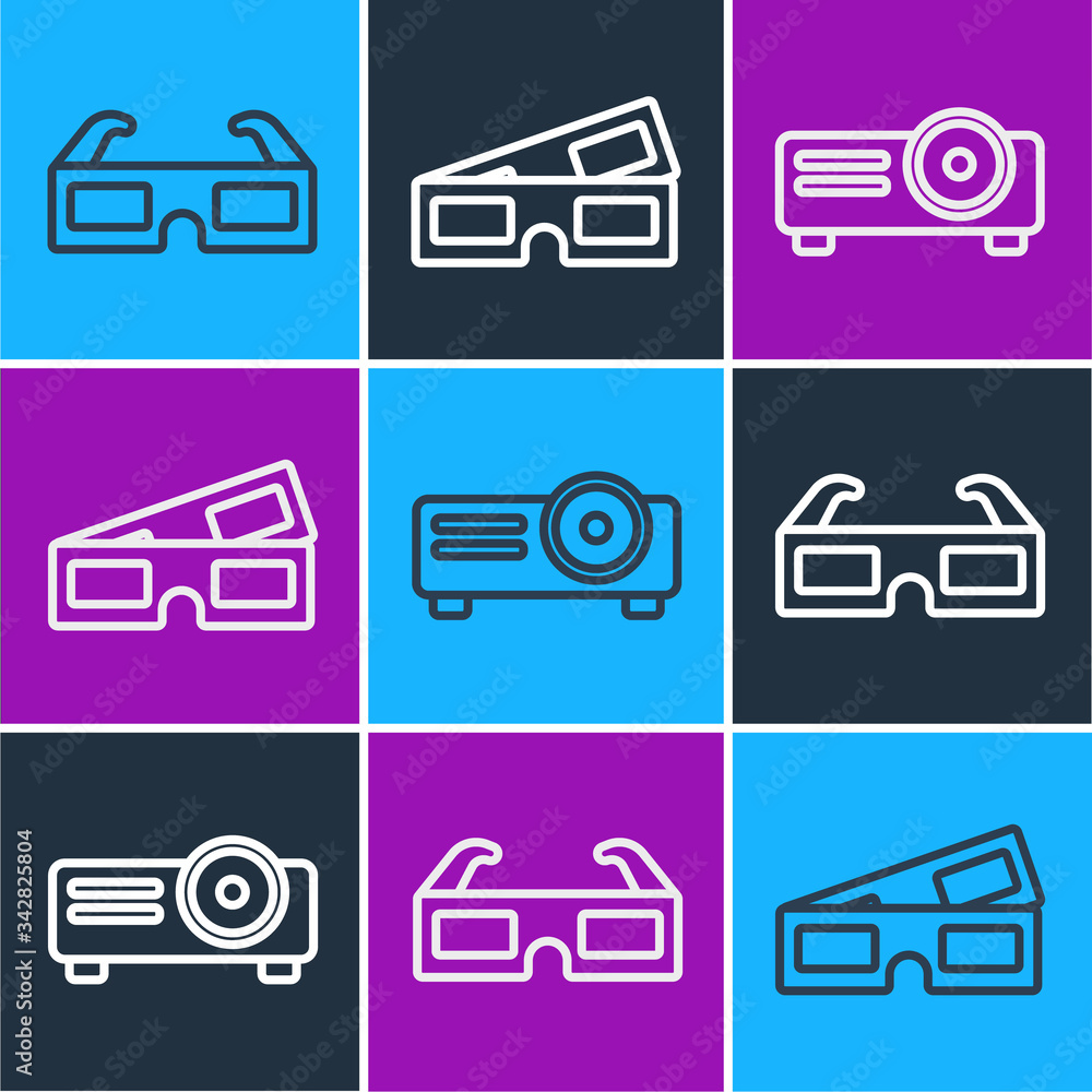 设置3D影院眼镜、电影、电影、媒体投影仪和3D影院眼镜图标。矢量