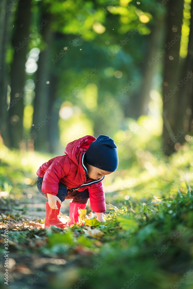 春天公园里，一个穿着红色橡胶靴和红色夹克的蹒跚学步的小男孩。郁郁葱葱的森林树叶在ba上