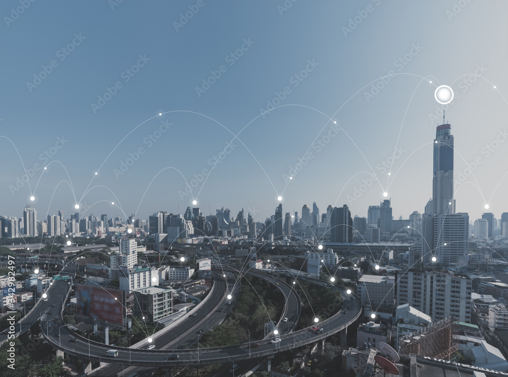 带连接线路的数据传输器显示智能城市概念中的数据传输