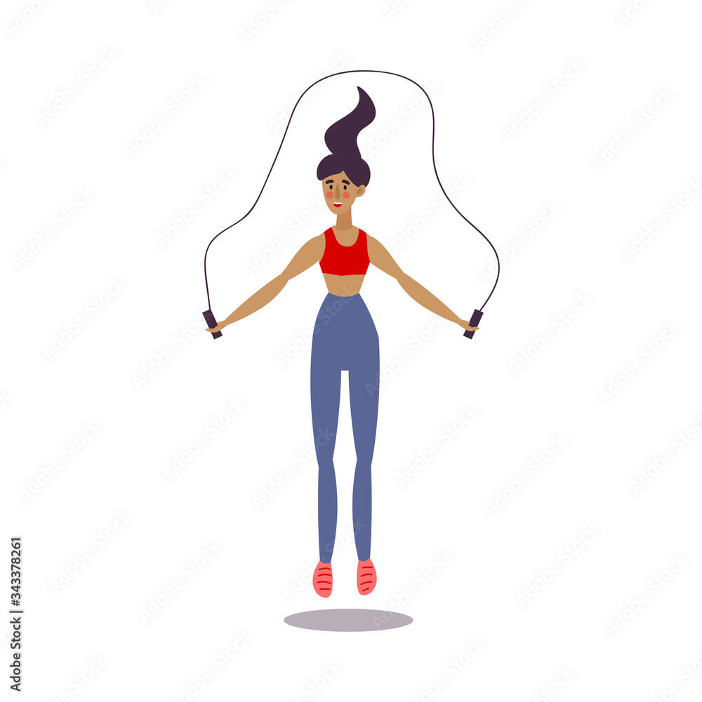 Cute young dark-haired trainer girl jumping rope in gym. Vector illustration in the flat cartoon sty
