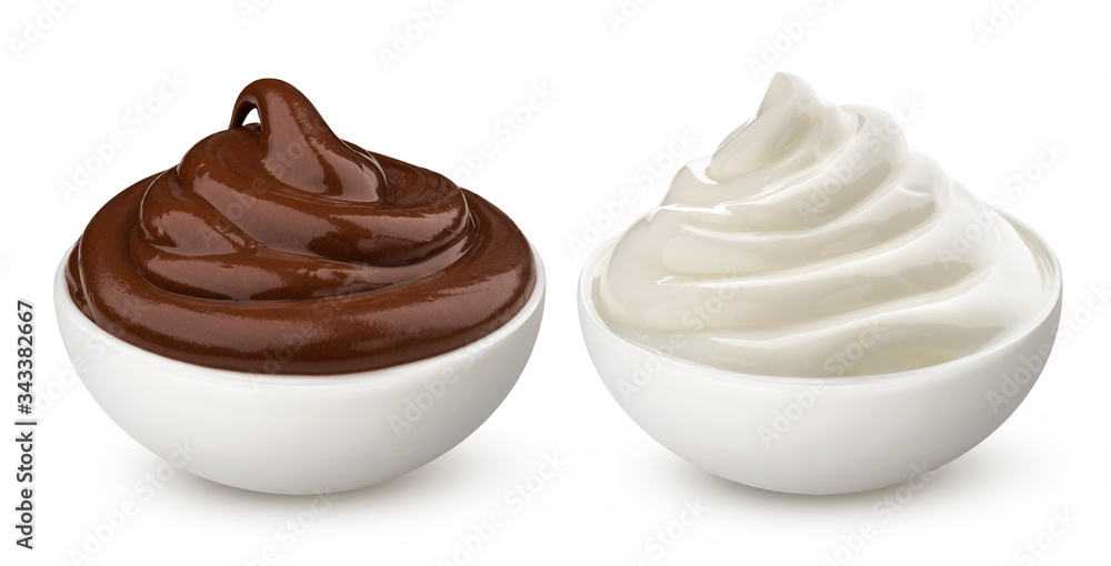 Bowl of chocolate and milk vanilla cream isolated on white background