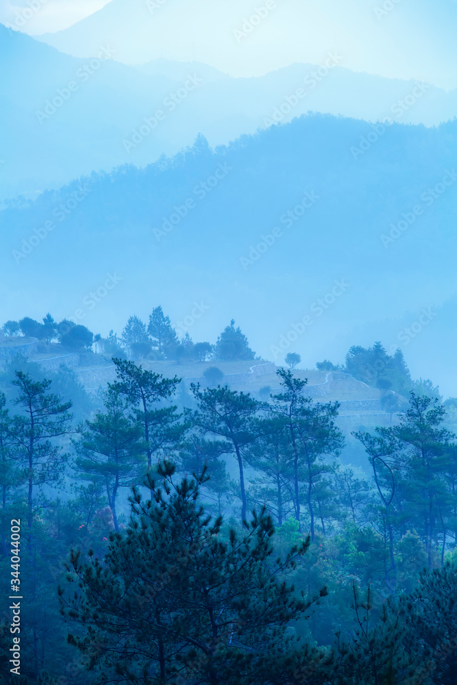在清晨五彩缤纷的雾中，可以看到山脉的轮廓。