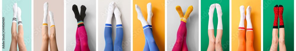 Legs of young women in socks and tights on colorful background