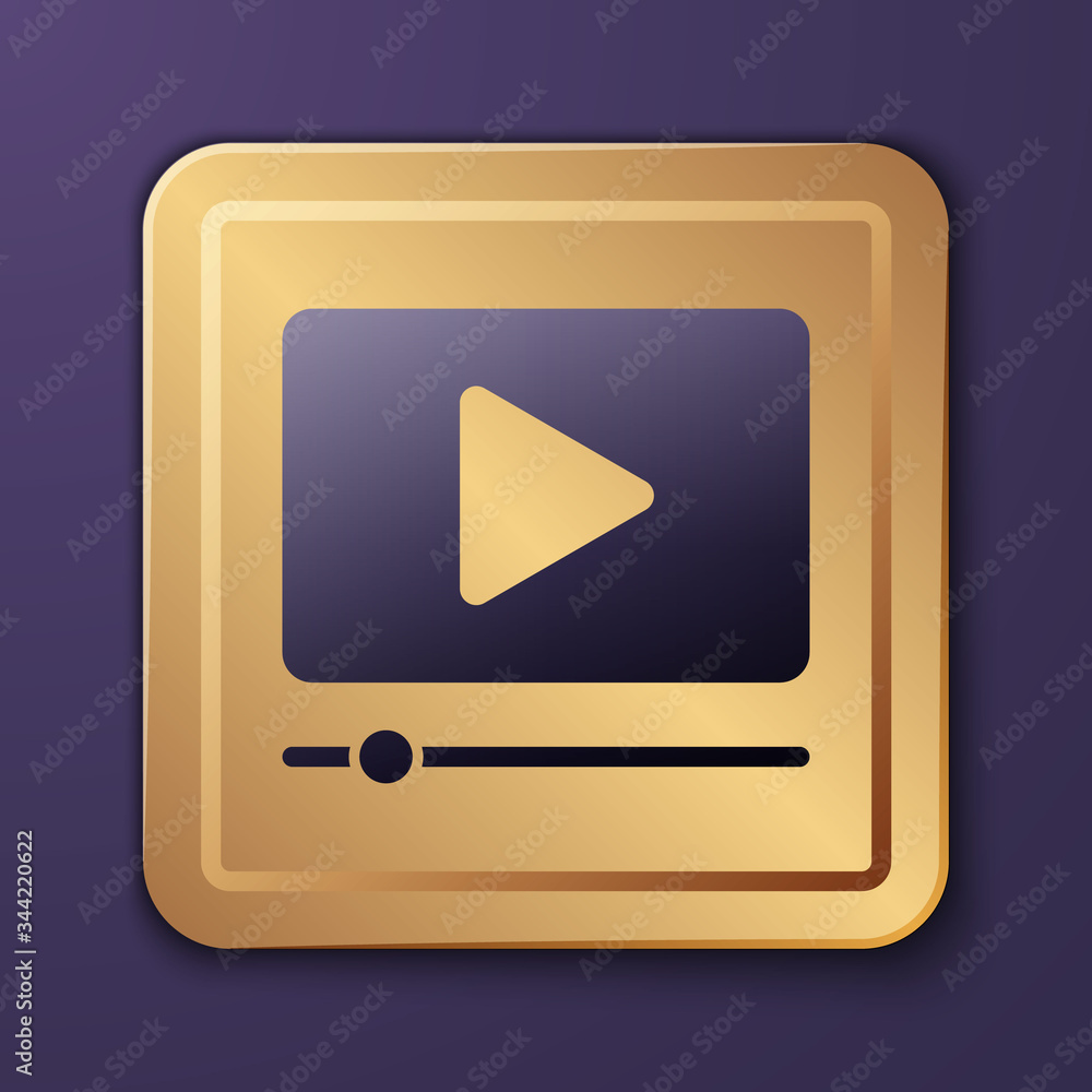 紫色在线播放视频图标隔离在紫色背景上。带播放标志的电影带。金色方块
