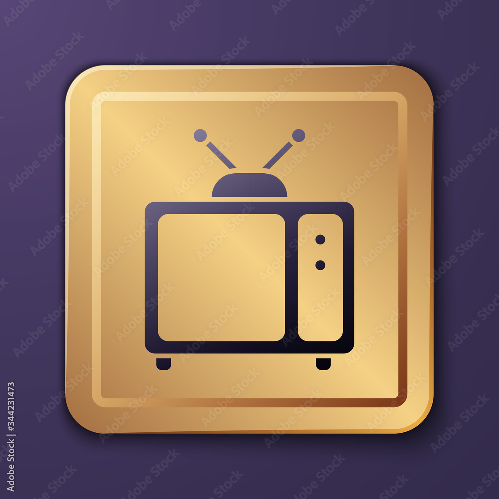 紫色复古电视图标隔离在紫色背景上。电视标志。金色方形按钮。矢量照明