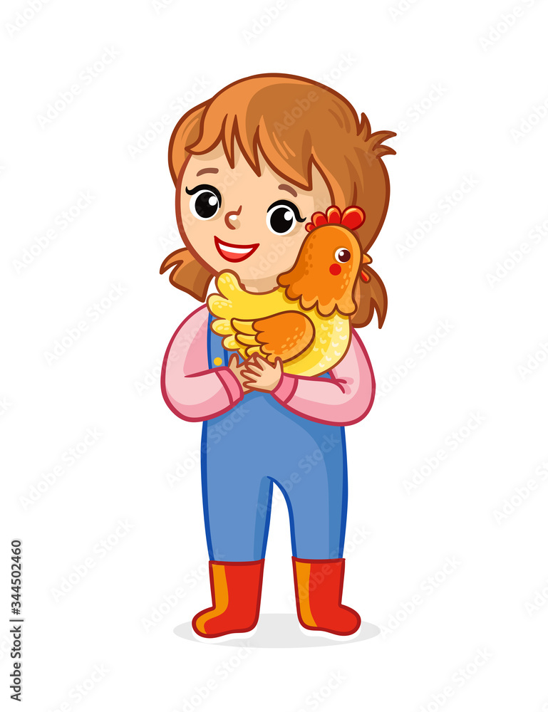 The farmer girl on a white background holds a chicken in her hands and smiles. Vector illustration w