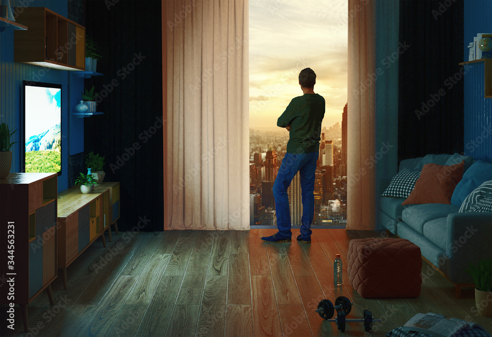 Man at home, quarantine or isolation concept. 3d rendering
