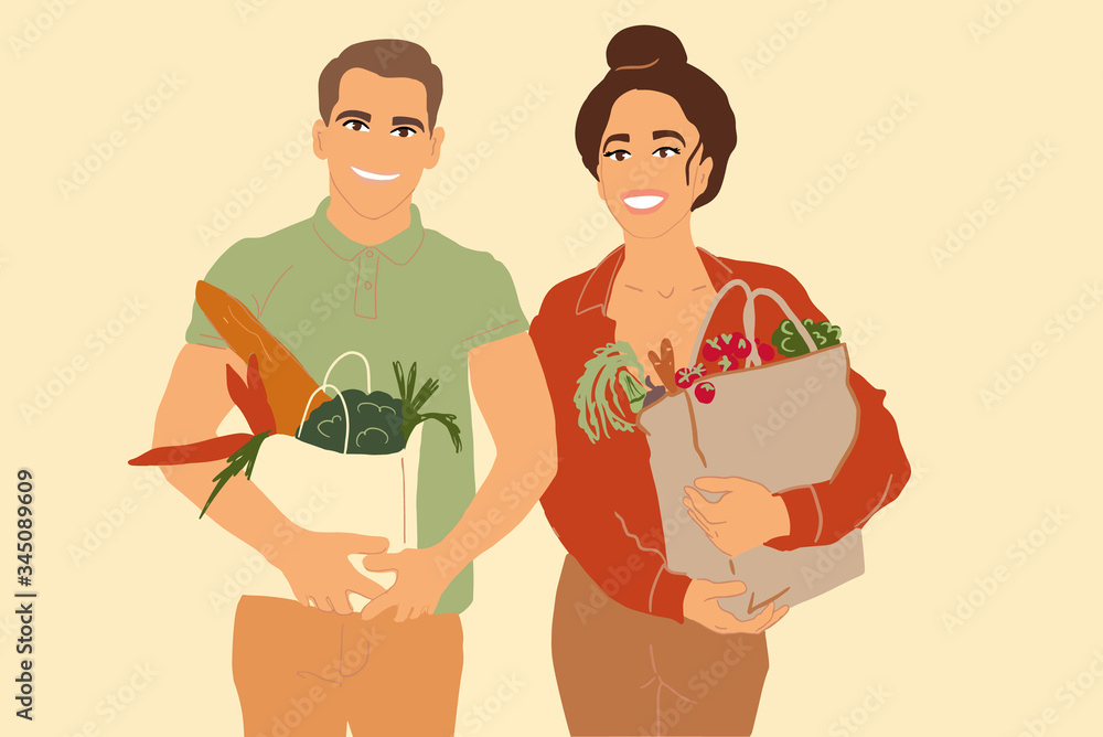 一对夫妇拿着装满新鲜食物的购物袋的插图