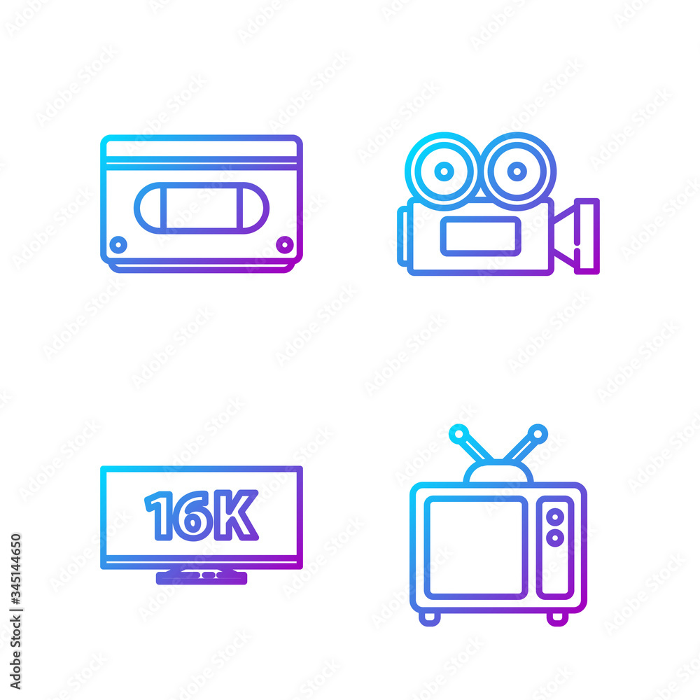 机顶盒复古电视，16k屏幕电视，VHS盒式磁带和电影摄像机。渐变色ico