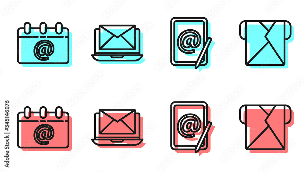 设置行邮件和电子邮件，带电子邮件的日历，带信封和信封图标的笔记本电脑。矢量